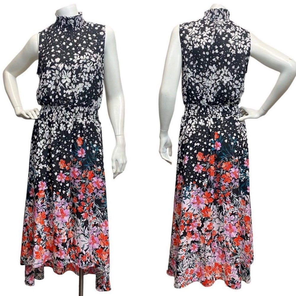 NANETTE LEPORE Women's Sz 6 Black Floral Smocked High Low Sleeveless MIDI dress